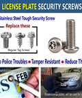 Tight Anti Theft License Plate Screws Keep Your Ride Locked Down Stainless Steel 1/4 Inch Bolts for Cars and Trucks displayed with regular tag screws.