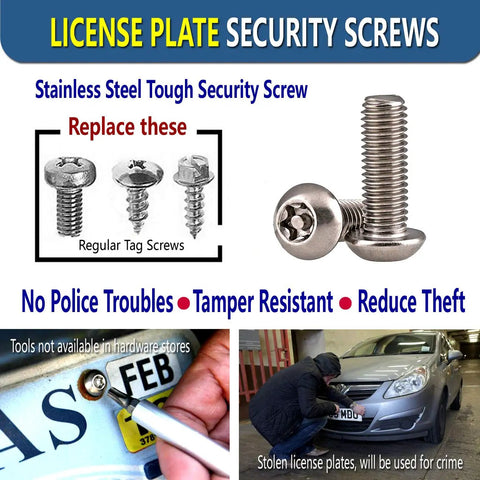 Tight Anti Theft License Plate Screws Keep Your Ride Locked Down Stainless Steel 1/4 Inch Bolts for Cars and Trucks displayed with regular tag screws.