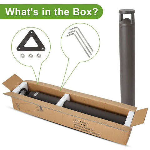 What's in the box image showing Solid 42 Inch Bronze LED Bollard Landscape Light parts including hardware and box.
