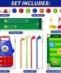 Tot Friendly Mini Golf Toy Set With Golf Cart, Putting Mat, 4 Clubs And 8 Balls for Backyard Play, dimensions labeled.