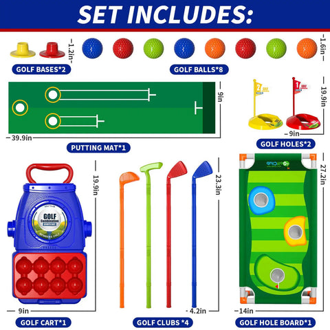 Tot Friendly Mini Golf Toy Set With Golf Cart, Putting Mat, 4 Clubs And 8 Balls for Backyard Play, dimensions labeled.