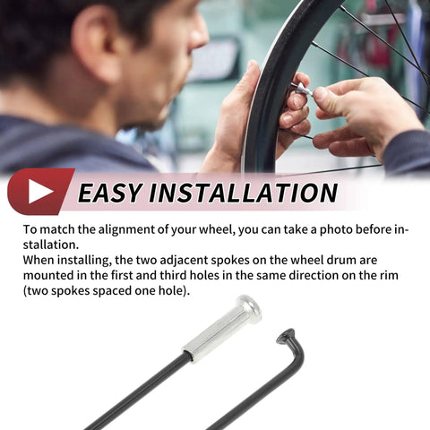 Close-up of cyclist installing 14G J Bend Bicycle Spokes 240mm Length With Nipples For MTB Wheels Black Steel 36 Pack
