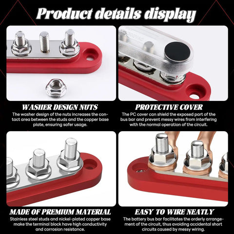 Heavy Duty 150A 12V Bus Bar Power Distribution Block For Car, Boat, Marine, Featuring Tough As Nails Nylon Base, Stainless Stud Terminals, Nickel Plated Copper Plate, Heat Resistant And Corrosion Proof Electrical Hub, red base with protective cover