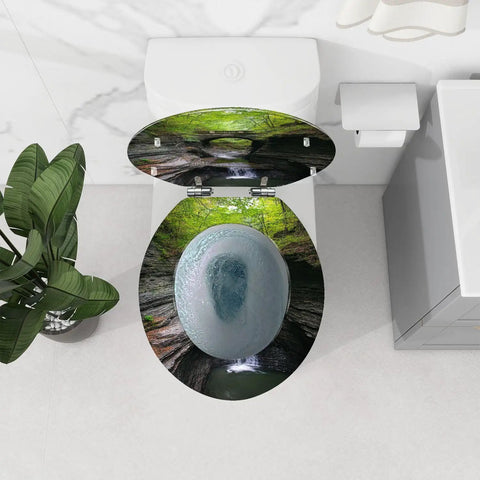 Round Resin Toilet Seat for Hiking Trail Restrooms with nature design, measuring 14.5" x 16.5", fits most toilets.