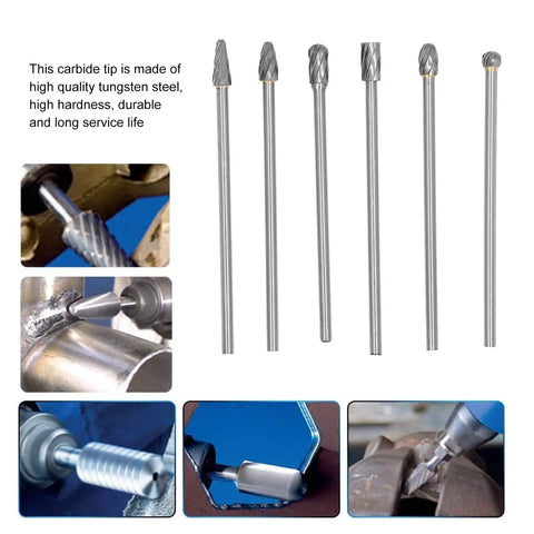 Badass Tungsten Carbide Cylinder Head Porting Kit With Die Grinder Rotary Burr Bits, six tungsten steel burrs for metal grinding tasks.