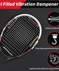 Tennis racket with gel filled vibration dampener shown with elastic and locking system features described.