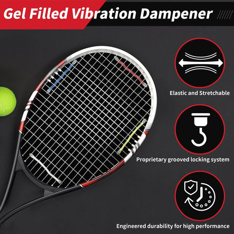 Tennis racket with gel filled vibration dampener shown with elastic and locking system features described.