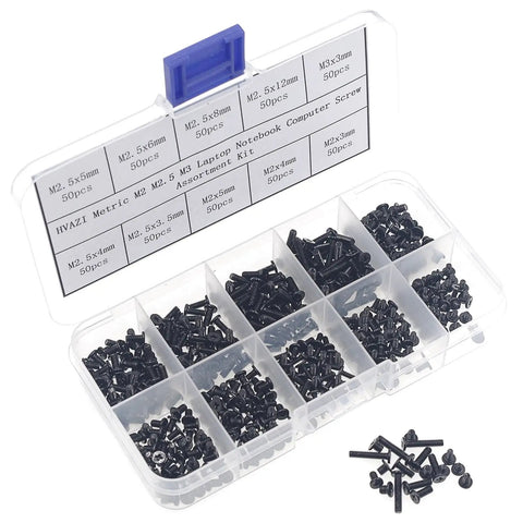 Premium Quality 500 Piece Metric Flat Head Laptop Screw Assortment Kit providing ten essential sizes in a plastic organizer.