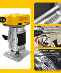Built Like A Tank Cordless Trim Router With 800W Brushless Motor And 30000 Rpm Five Speeds showing angles and details for woodworking.