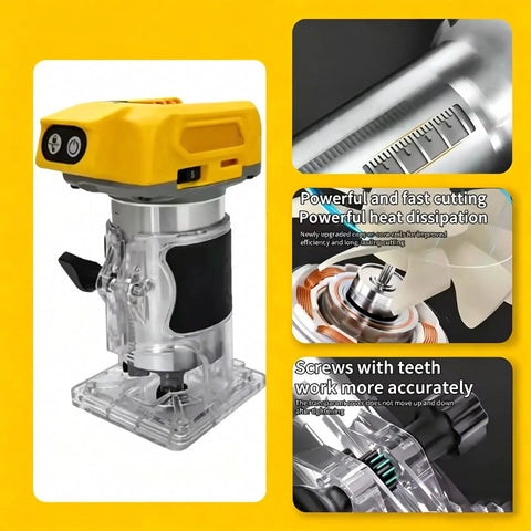 Built Like A Tank Cordless Trim Router With 800W Brushless Motor And 30000 Rpm Five Speeds showing angles and details for woodworking.