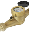 Side view of One Inch Water Meter No Lead Brass NSF Certified Multi Jet Gallons Horizontal Install Built Tough with corrosion-resistant body.