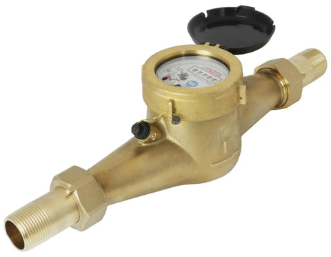Side view of One Inch Water Meter No Lead Brass NSF Certified Multi Jet Gallons Horizontal Install Built Tough with corrosion-resistant body.