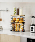 Two Pack Stackable Trash Bag Holder And Dispenser With Bamboo Top For Laundry And Kitchen Storage No Drill Wall Mount Organizer Great For Small Spaces And Busy Kitchens Keeps Bag Rolls Ready on kitchen counter with food items inside
