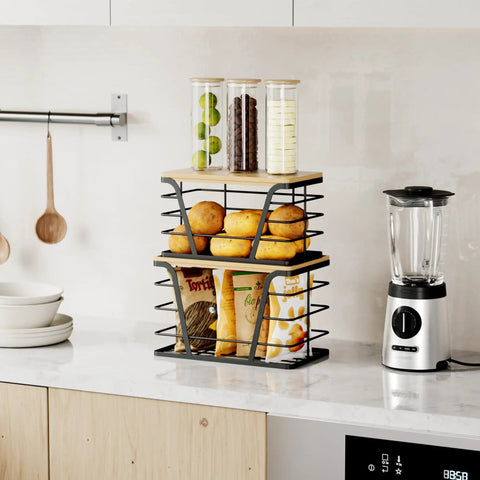 Two Pack Stackable Trash Bag Holder And Dispenser With Bamboo Top For Laundry And Kitchen Storage No Drill Wall Mount Organizer Great For Small Spaces And Busy Kitchens Keeps Bag Rolls Ready on kitchen counter with food items inside