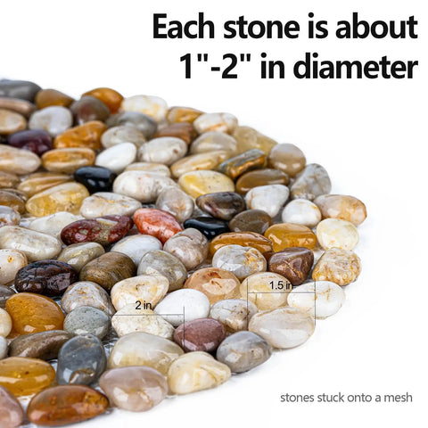 Close-up of 2-inch polished river rocks on mesh for garden pathways; includes size markers for clarity.