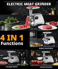 Heavy Duty Electric Meat Grinder With Strainer And Tomato Sauce Press Maker, shown in use with various attachments and ground meat.
