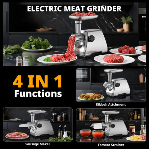 Heavy Duty Electric Meat Grinder With Strainer And Tomato Sauce Press Maker, shown in use with various attachments and ground meat.