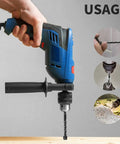 Person using drill with 10 Piece Masonry Drill Bit Set With 1/4 Inch Hex Shank For Concrete Brick Tile Glass And Cement Projects Includes 3/16 Inch 1/4 Inch 5/16 Inch 3/8 Inch And 1/2 Inch Bits With Industrial Carbide Tips