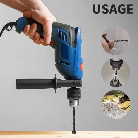Person using drill with 10 Piece Masonry Drill Bit Set With 1/4 Inch Hex Shank For Concrete Brick Tile Glass And Cement Projects Includes 3/16 Inch 1/4 Inch 5/16 Inch 3/8 Inch And 1/2 Inch Bits With Industrial Carbide Tips