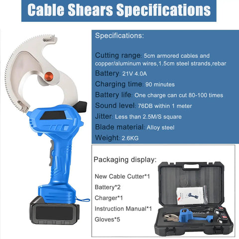 Beast Cordless Electric Cable Cutter with Eight Hour Runtime, alloy steel blade, and packaging components shown.