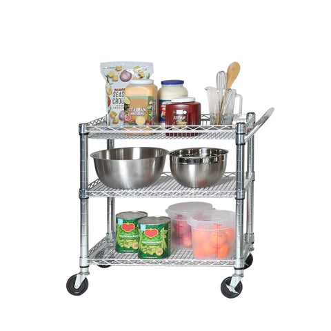 Heavy Duty Metal Rolling Utility Cart With Deep Top Basket And Handle Bar For Restaurant Garage Warehouse Kitchen And Office Workhorse NSF Certified Three Adjustable Wire Shelves 34.8 Inch Wide By 18.25 Inch Deep Cart