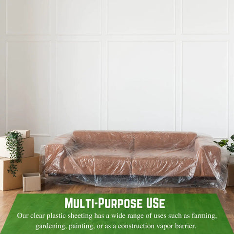 Heavy Duty 3 Mil Plastic Sheeting Roll With White Finish Measuring 3 By 100 Feet used to cover a sofa for painting protection.