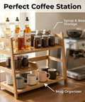 Three Tier Bamboo Matcha Station Organizer For Kitchen Countertop And Tea Bar All In One Shelf displaying syrup, beans, mugs