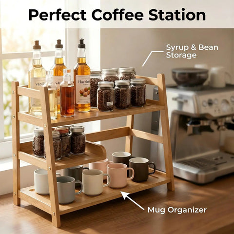 Three Tier Bamboo Matcha Station Organizer For Kitchen Countertop And Tea Bar All In One Shelf displaying syrup, beans, mugs