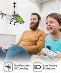Father and son using Mini RC Helicopter With Gyro And Altitude Hold, One Key Take Off And Landing, in a living room.