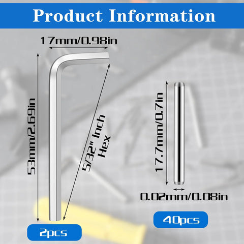 Image of Spring Hinge Tension Pin Replacement Kit With dimensions of hex wrench and pin marked, including 40 pins and 2 hex wrenches.