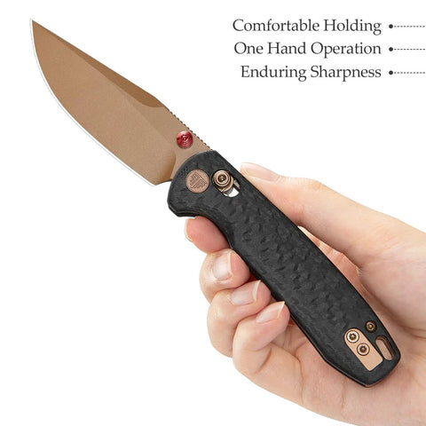 Dope Rose Gold Folding Knife for Men and Women with 3 Inch 14C28N Steel Blade, PVD Coating, Carbon Fiber G10 Handle, in hand