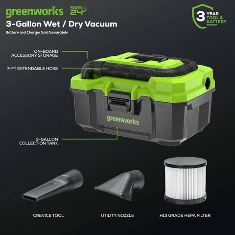 Workhorse Cordless 3-Gallon Wet And Dry Shop Vacuum Kit with hose, crevice tool, floor nozzle, HEPA filter, 350W power, 7500Pa max suction