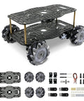 68mm Mecanum Wheel 4WD Robot Car Chassis With Omnidirectional Wheels Aluminum Alloy Frame TT Motors Perfect for Arduino Microbit Raspberry Pi Jetson Robotic Projects and Moving Platforms displayed with parts.