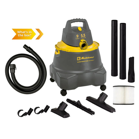 Contractor Wet Dry Vacuum Cleaner For Jobsites And Shops With 9.0 Gallon Tank 1200 Watt Power 7 Foot Hose Accessories Included