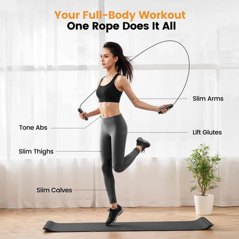 Woman using Tangle Free Jump Rope With Ball Bearings For Men Women And Kids Adjustable Steel Wire Rope And Ergonomic Foam Handles