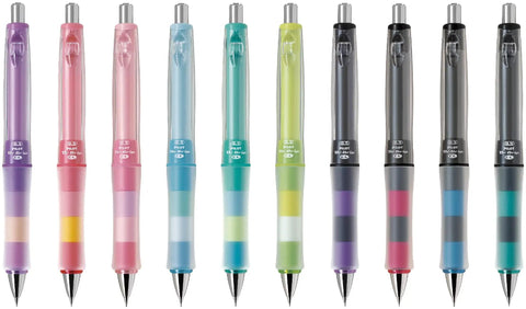 Front view of ten Dr Grip CL Play Border Mechanical Pencil 0.5mm Floral Pink Shake Activated Lead Eject Ergonomic Grip