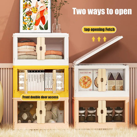 No Sweat Large Plastic Storage Bins With Secure Lids Fold Flat Stacking Organizers For Dorms Home Offices And Closets stackable bins with top and front openings and colorful finish.