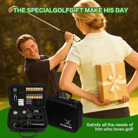 All In One Golf Accessories Kit With Towel Club Brush Groove Cleaner Golf Balls Tees Score Counter Ball Line Marker Divot Repair Tool And Color Ball Markers A Sweet Gift For Real Men Golfers displayed in a black organizer bag with a golfer in background.