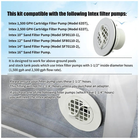 Two Pack Threaded Inlet Strainer Kit For Intex Filter Pumps With One And A Half Inch Hoses Includes Rubber Washer And Strainer Nut shown in compatibility chart
