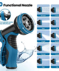 Garden hose nozzle, blue and black, front view showing 10-function spray patterns