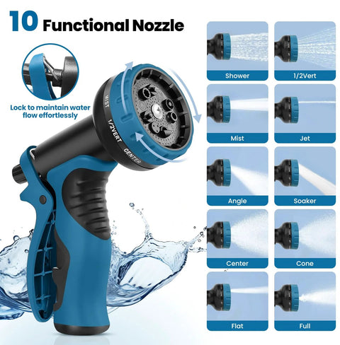 Garden hose nozzle, blue and black, front view showing 10-function spray patterns