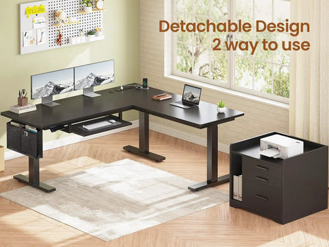 L Shaped Electric Standing Desk With File Cabinet And Drawers, 63 By 53 Inch Height Adjustable Desk in home office setup.