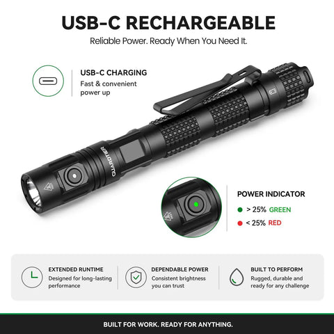 Rechargeable Flashlight 1500 Lumens USB-C Tail Switch 5 Modes Aluminum Tactical Penlight with power indicator and clip