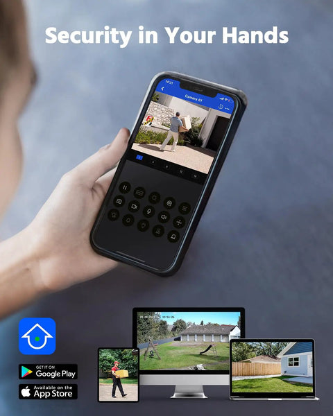 Smartphone showing live feed from 8 Channel Wired Outdoor Security Camera System With AI Human And Vehicle Detection, 5MP Lite DVR, 4 cameras.
