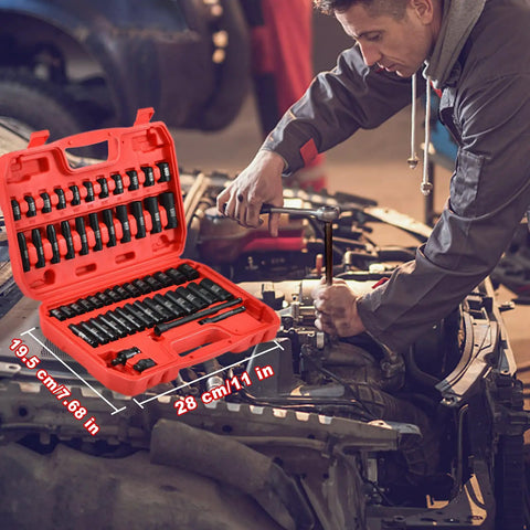 Mechanic using 1/4 Inch Drive Impact Socket Set, 54-Piece, 6-Point Sockets For SAE And Metric, open tool case visible.