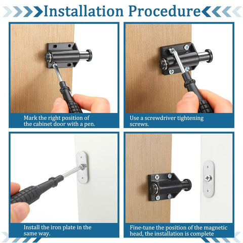 Installation procedure of Zero Hassle Heavy Duty Magnetic Push To Open Cabinet Latches showing steps with tools and components.