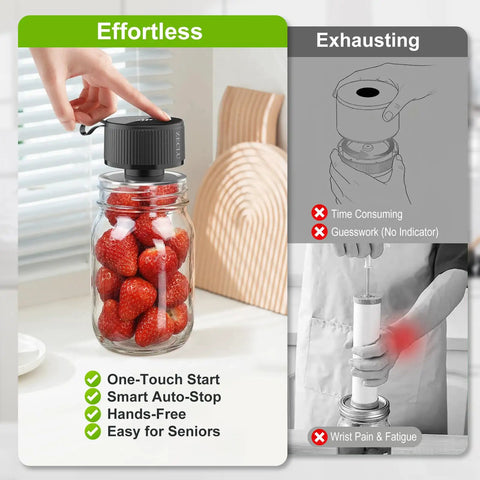 One Touch Auto Seal Mason Jar Vacuum Sealer Kit for Wide and Regular Mouth Jars sealing strawberries in a jar