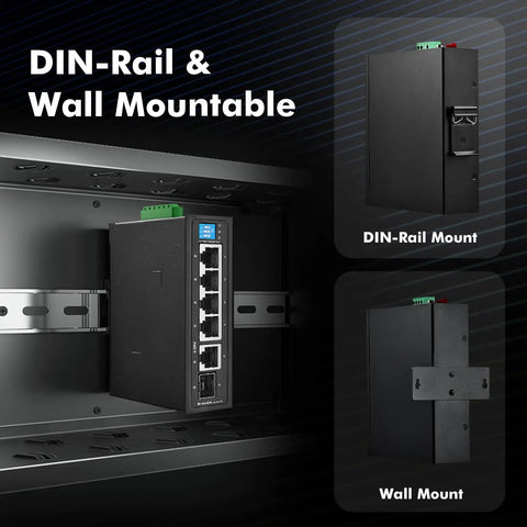 Beefy Industrial DIN Rail Gigabit Ethernet Switch With Five 10 100 1000 Mbps Ports, One Gigabit Uplink, One SFP, Metal Enclosure, mounted on DIN rail and wall