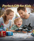 Family celebrating with child holding F47 RC Fighter Drone For Kids, surrounded by gifts, showcasing easy-to-fly toy for beginners.