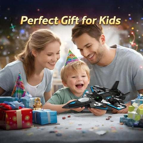 Family celebrating with child holding F47 RC Fighter Drone For Kids, surrounded by gifts, showcasing easy-to-fly toy for beginners.